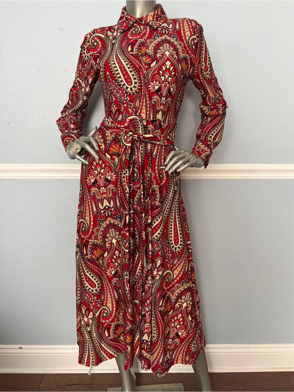 Jude Connally Dress Kitty Paisley Claret Print Long Sleeve Button Front Tie Nwt